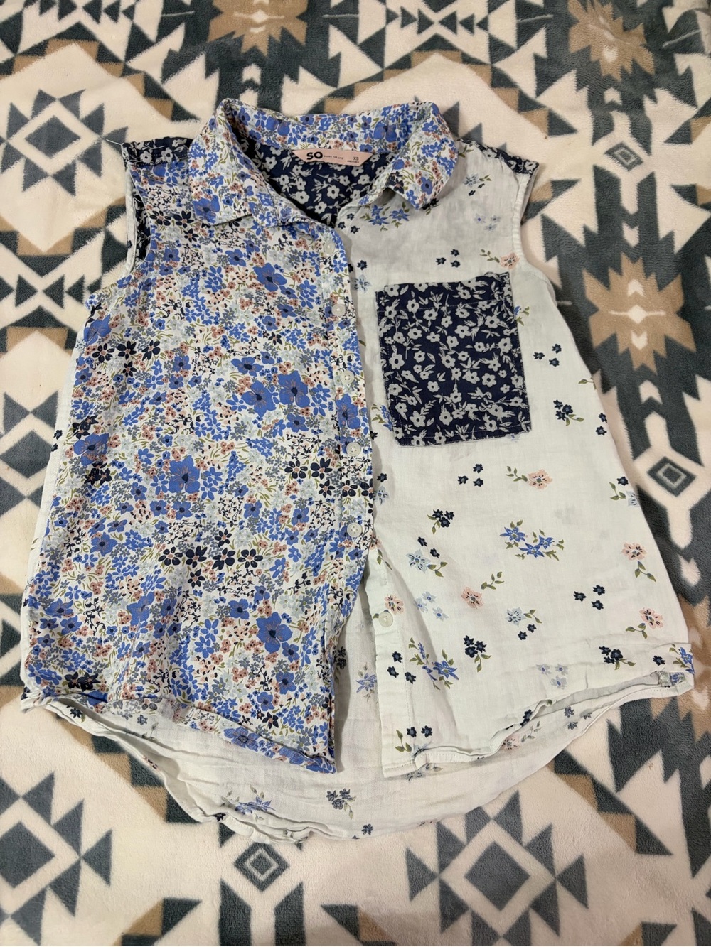Sleeveless Blue Floral Patchwork Girls' flannel Shirt